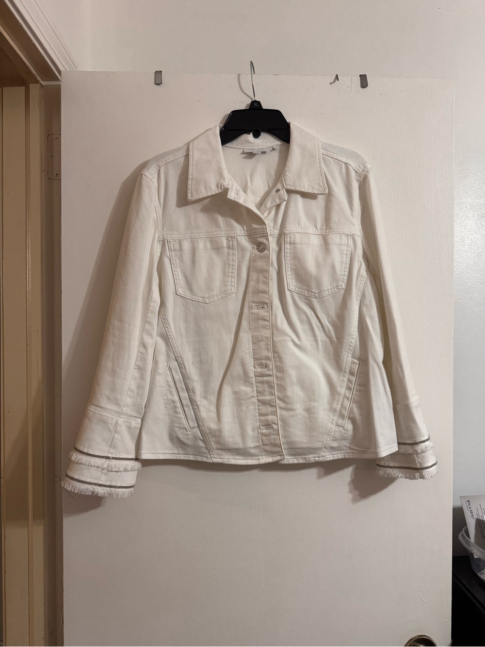 Chico's Cream White Jean Jacket with Fringe Trim